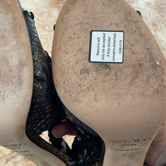 JIMMY CHOO | Black & Gold Snake Skin Print Suede Peep Toe Lace Up Heels | 39.5 9 - Picture 12 of 13